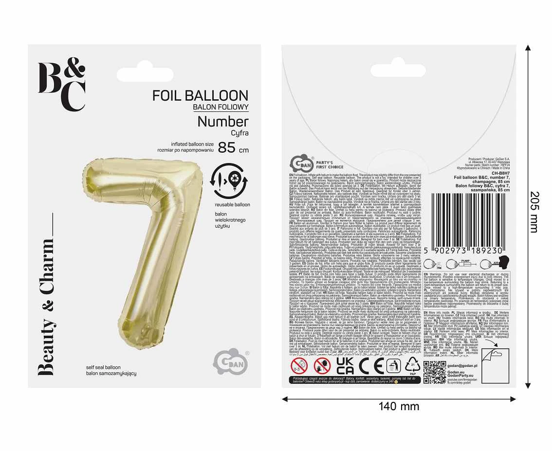 Balon foliowy B&C, cyfra 7, szampańska, 85 cm AA